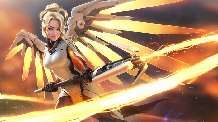 Mercy from Overwatch with glowing wings and weapon