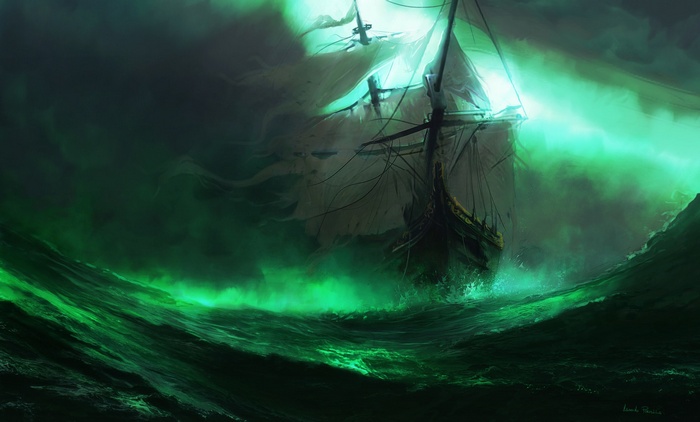 Ghostly sailing ship in a stormy sea