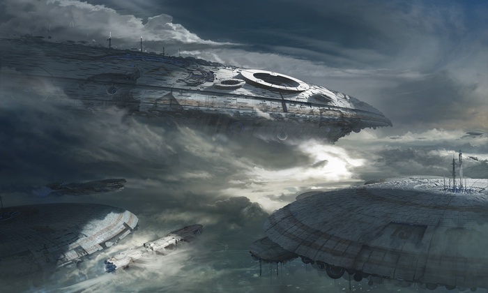 Massive spaceships floating in a cloudy sky
