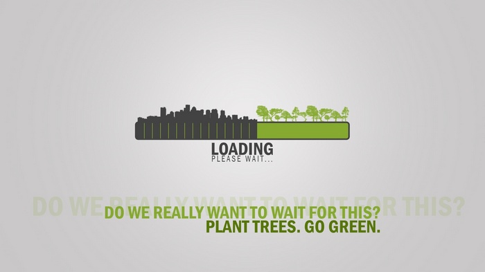 Loading bar with city skyline and trees, environmental message