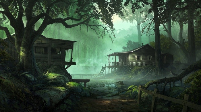 Two wooden houses in a foggy swamp with trees