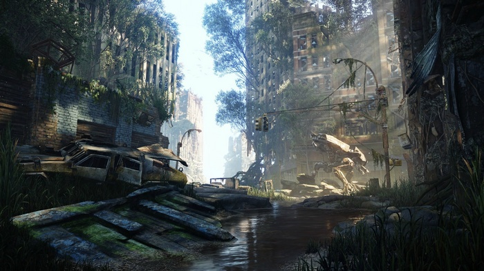 Crysis 3 overgrown post-apocalyptic city with sun rays