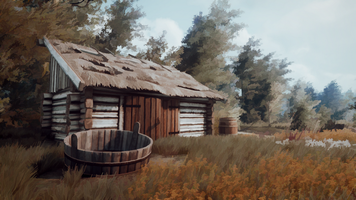 The Witcher 3: Wild Hunt screenshot of a cabin and tub