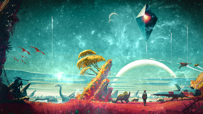 No Man's Sky alien planet with spacecraft and creatures