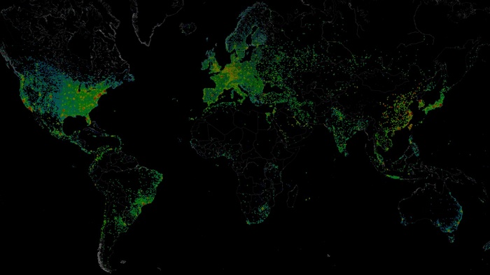 World map showing population density with colored pixels