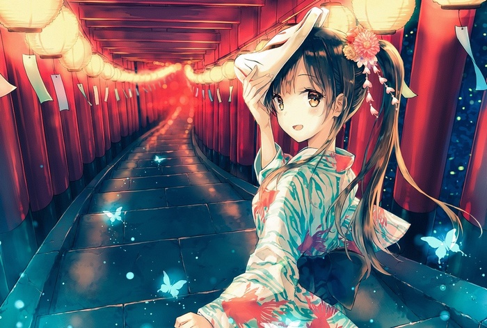 Anime girl in kimono holding a mask