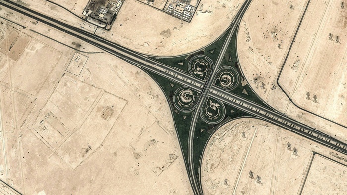 Aerial view of a desert highway interchange