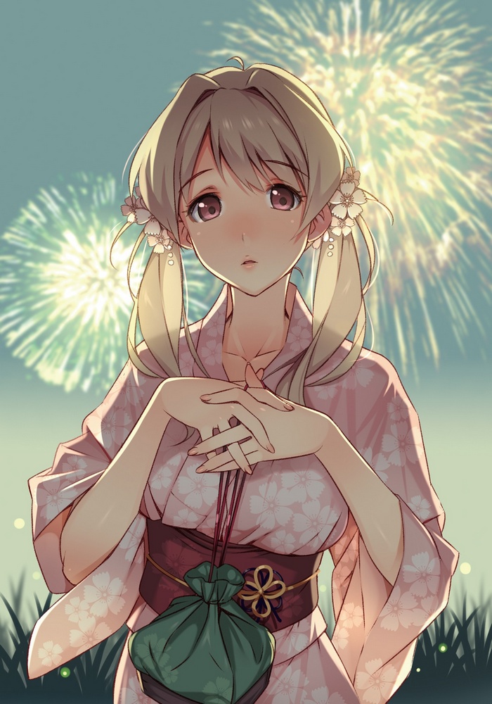 Anime girl in yukata with fireworks