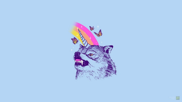 Wolf with a unicorn horn and rainbow