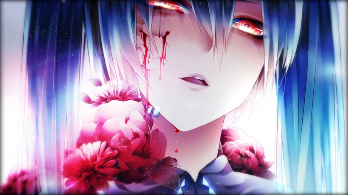 Hatsune Miku crying blood with red flowers
