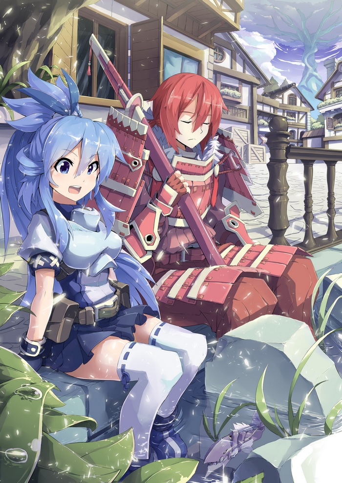 Anime girls with blue and red hair in a town