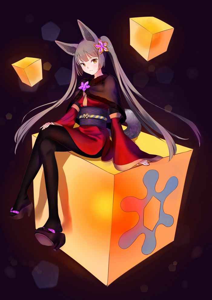 Anime girl with animal ears and tail in Japanese clothes