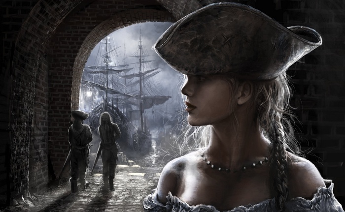Pirate girl in a port with ships