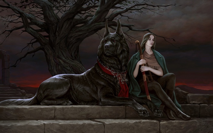 Fantasy girl with a large black dog under a tree