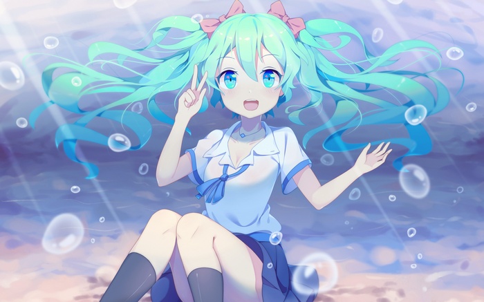 Hatsune Miku underwater with bubbles and twintails