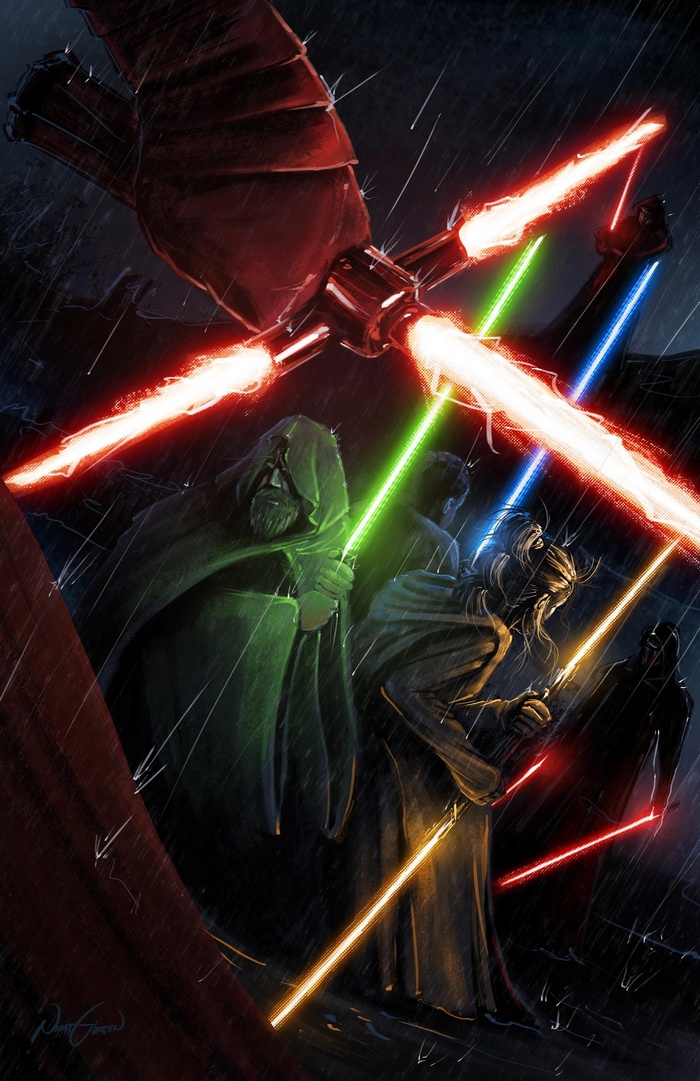 Star Wars characters with lightsabers in the rain