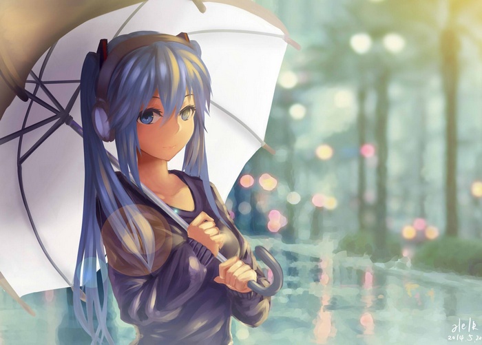 Hatsune Miku holding an umbrella in the rain
