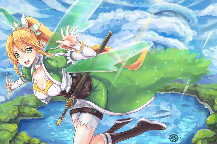Leafa from Sword Art Online flying over a lake