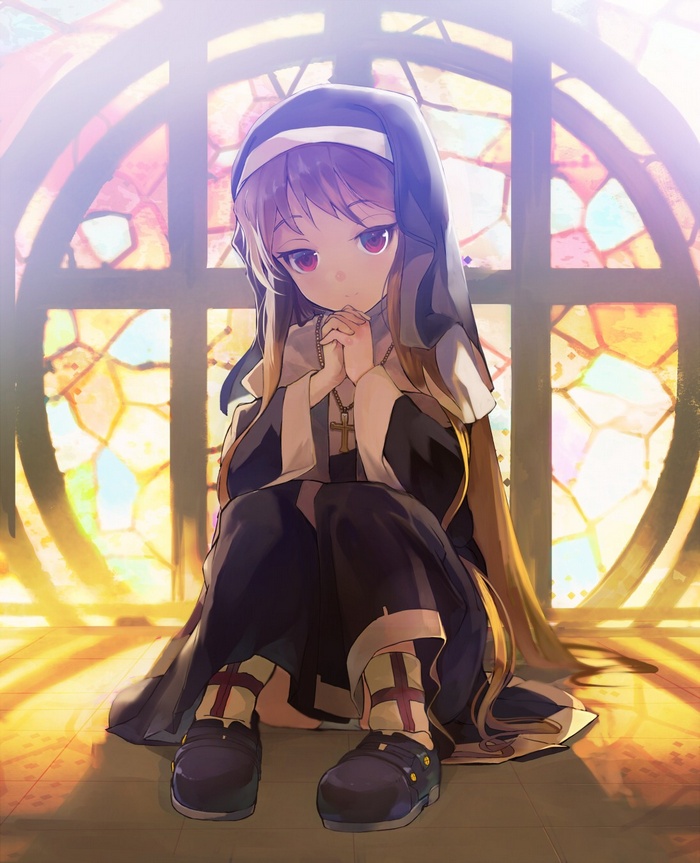 Anime nun with red eyes praying by stained glass window
