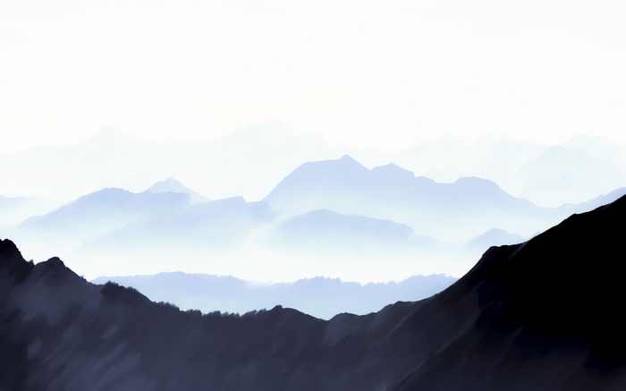 Misty blue mountains in a painting