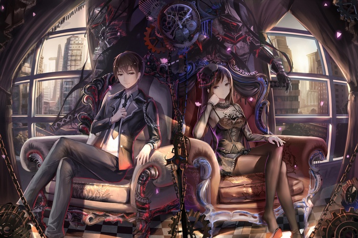 Anime couple sitting in ornate chairs with cityscape background