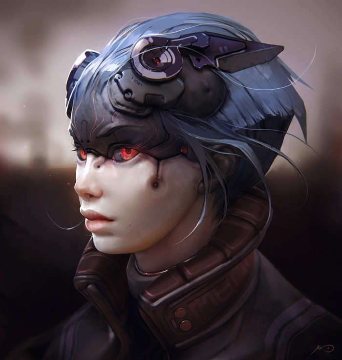 Futuristic woman with red eyes and cybernetic mask