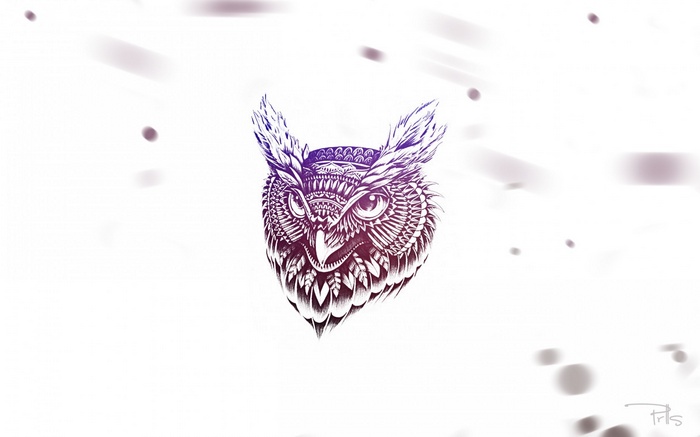 Minimalist owl illustration with purple and black ink