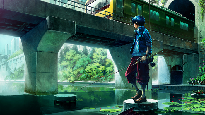 Anime boy fishing under a train bridge