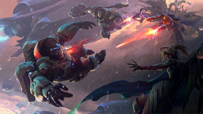 Overwatch characters in aerial combat with spacecraft