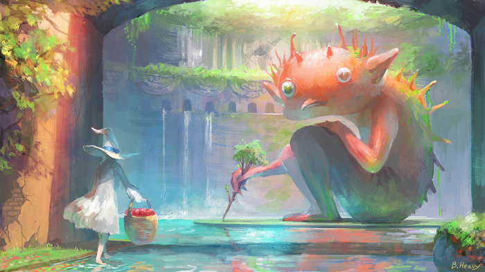 A witch and a creature in a magical garden