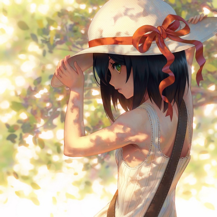 Anime girl with black hair and green eyes wearing a hat