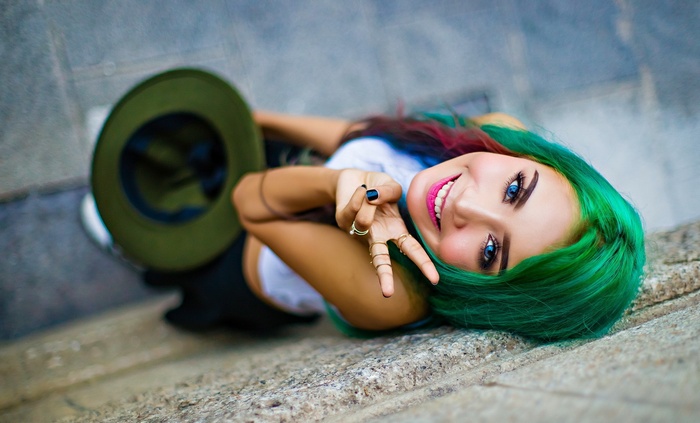 eyes, depth of field, women, painted nails, rings, smiling, green hair, long hair, portrait, face, model, dyed hair, hat, blue eyes, looking at viewer
