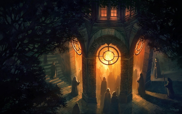 Fantasy art of robed figures in a dimly lit courtyard