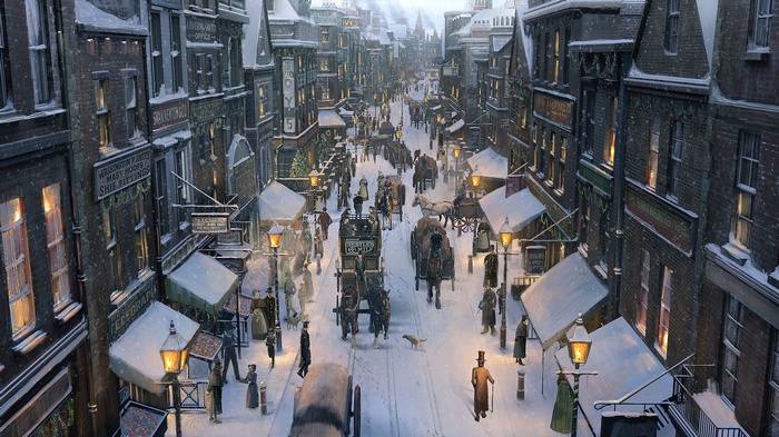 Emmanuel Shiu's painting of a snowy Victorian street scene