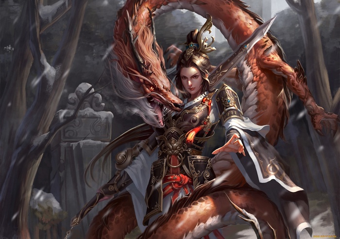 Fantasy girl with dragon in a snowy forest