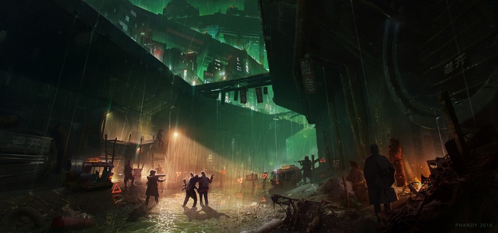 Cyberpunk city street in the rain with people