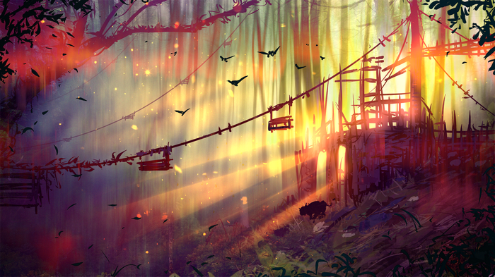Digital art of a forest with sun rays and birds