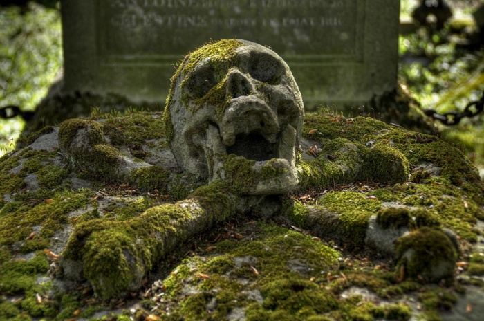 Moss-covered skull and bones sculpture in a graveyard