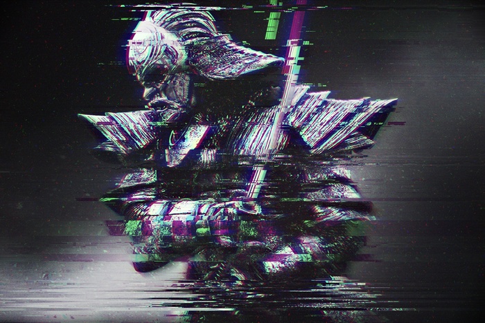 Glitch art samurai with katana and distortion