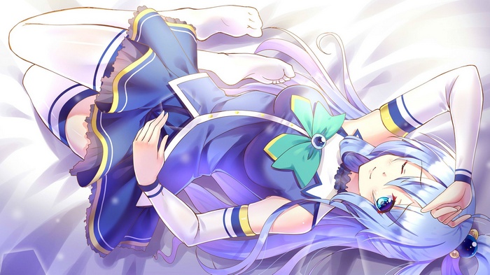 Aqua from KonoSuba lying on a bed