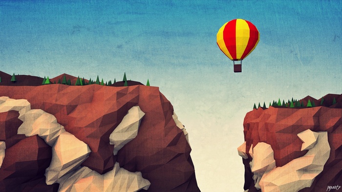 Low poly hot air balloon over mountains