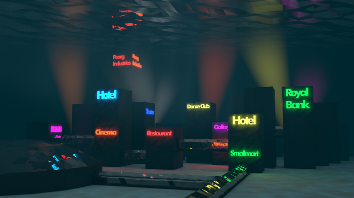 Low poly underwater city with glowing signs