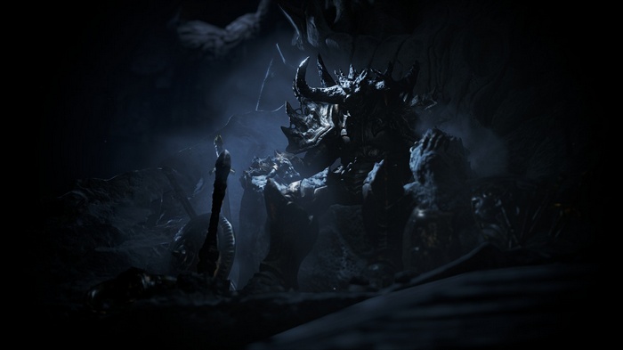 A demonic creature with horns and a weapon