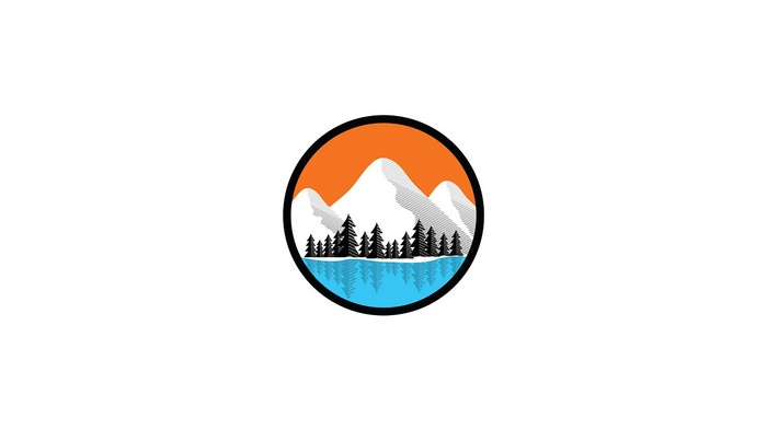 Minimalist mountain landscape with trees and water reflection