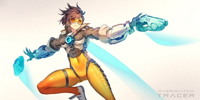 Tracer from Overwatch holding a weapon