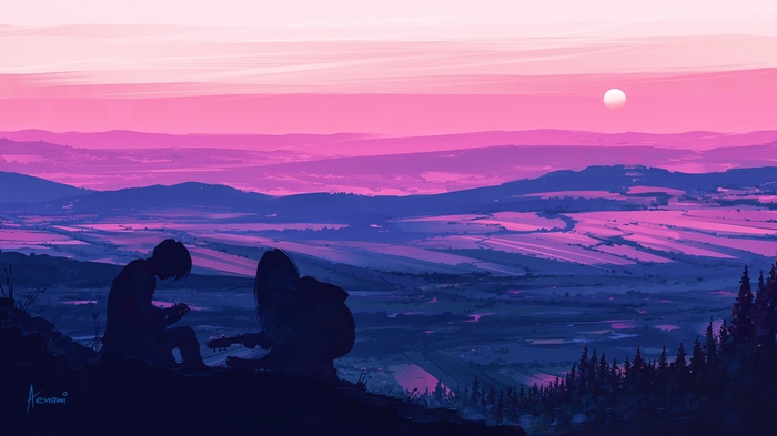 Two people playing guitars at sunset