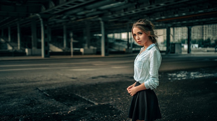 model, women, Ksenia Kokoreva, brunette, Georgy Chernyadyev, skirt, looking at viewer, long hair, shirt