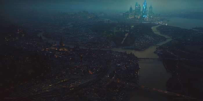 Futuristic city skyline at night with a river