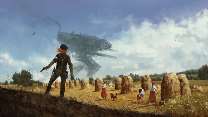 Iron Harvest: Woman with gun faces giant mech over wheat field