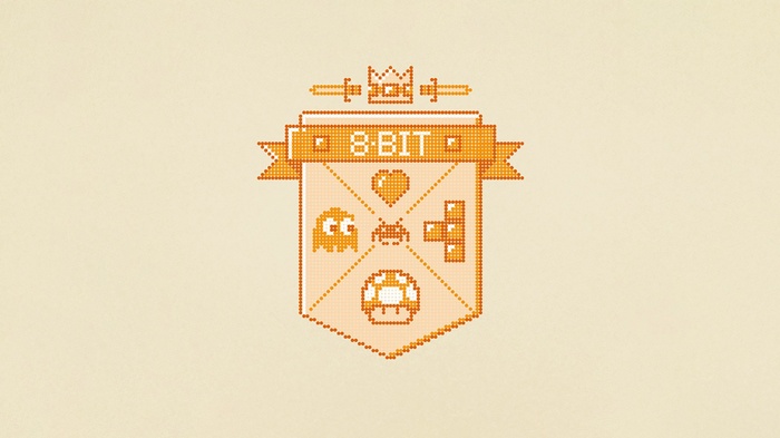 8-Bit Retro Gaming Crest with Pac-Man and Tetris